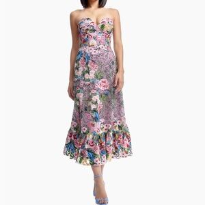 Dress the Population Carina Floral Embroidered Strapless Bustier Midi Dress